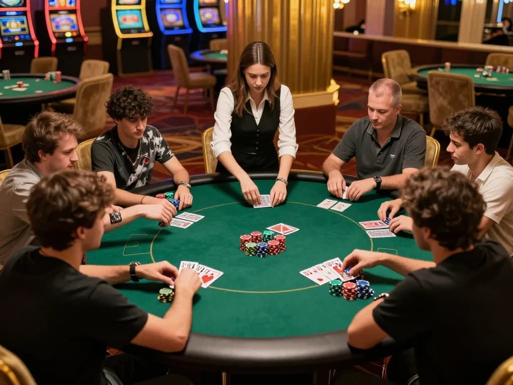 F168 poker players strategizing at a vibrant casino table during an exciting game.
