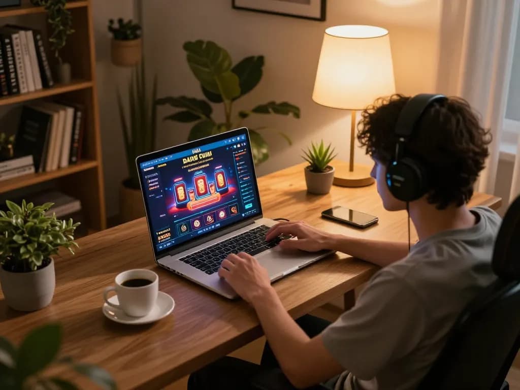DAGA trang chu displayed on a laptop in an inviting home gaming setup for online gambling.