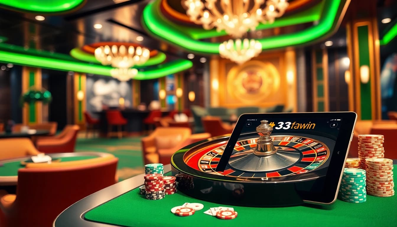 Exciting betting action featuring 33win, luxury casino elements like roulette and poker games.