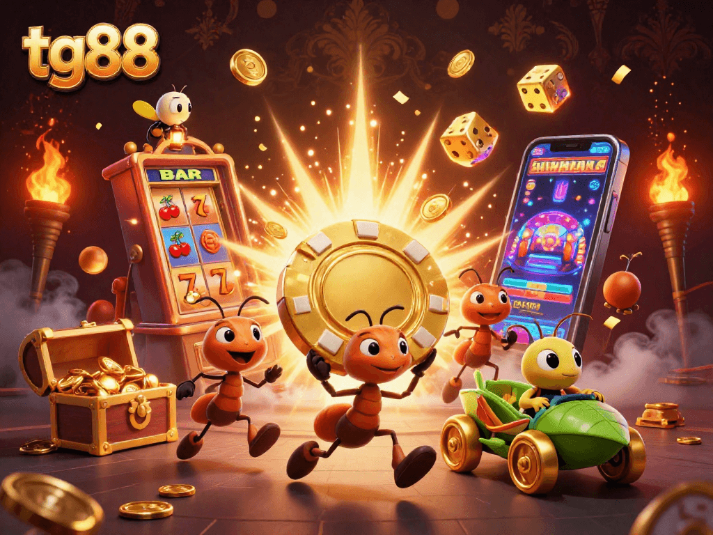 tg88 enhances excitement with cartoon ants heisting a giant golden poker chip amidst a thrilling casino backdrop