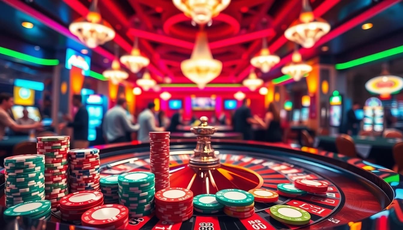 Cuan123 menampilkan suasana kasino dengan meja roulette yang ramai dan banyak pemain yang bersemangat.