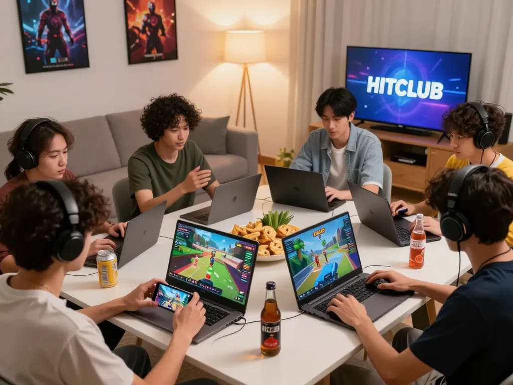 Enthusiastic players engaged with HITCLUB games on mobile and laptops in a cozy gaming environment.