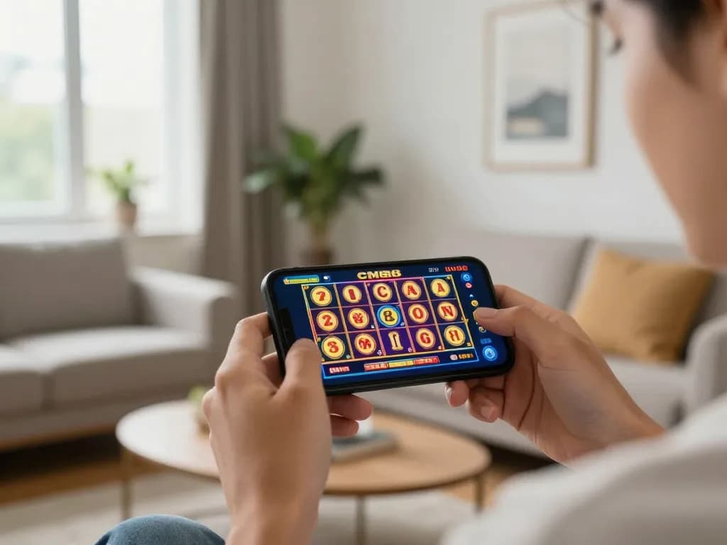 Engaged player celebrating a win on the CM88 casino app, showcasing mobile gaming excitement in a cozy home