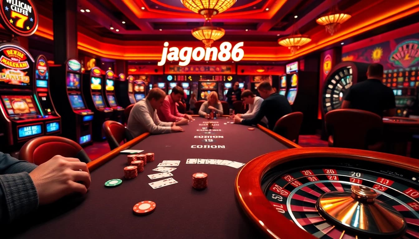 Players enjoying intense gameplay at a jagoan86 casino poker table, vibrant atmosphere and luxury.