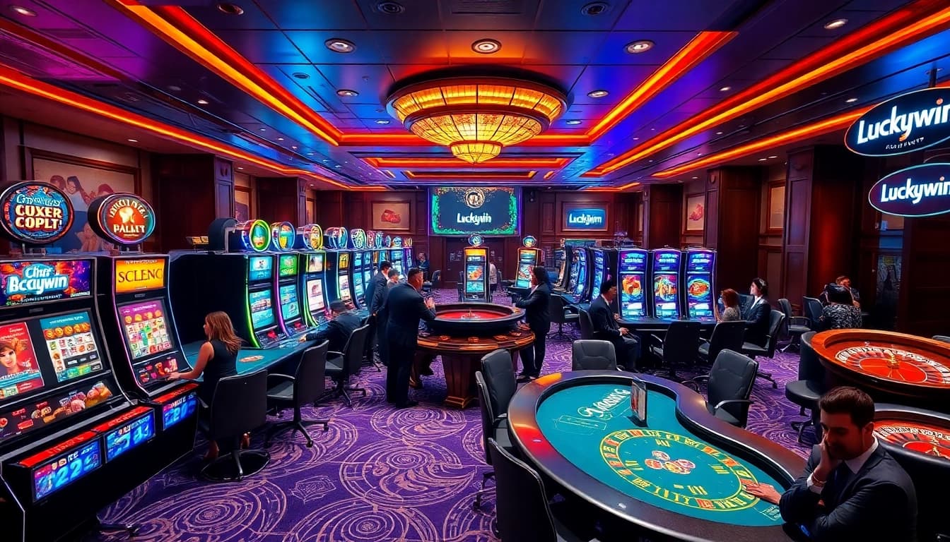 Luckywin casino scene featuring thrilling slot machines and dynamic roulette tables.