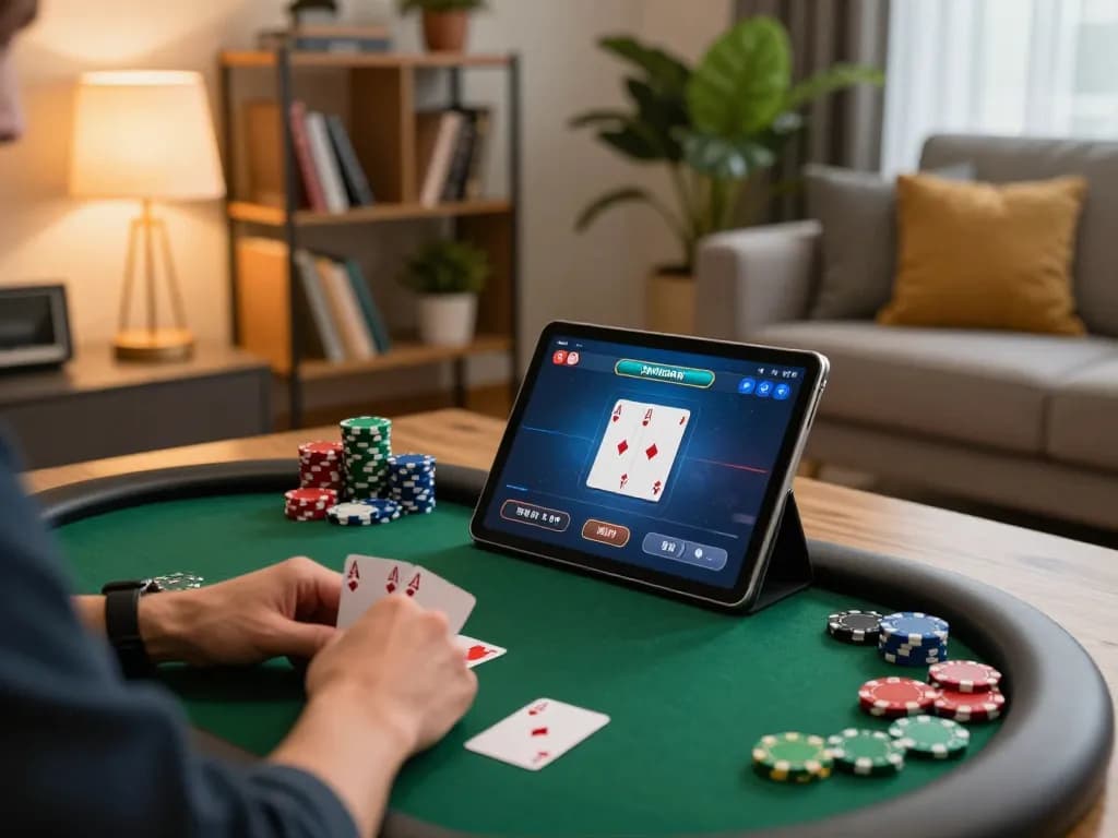 UU88 player engaged in online poker game at home, showcasing strategic gameplay and cozy atmosphere.