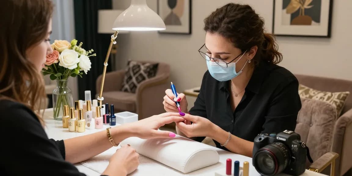 Pemandangan dalam salon kuku mewah dengan LUXURY 12, teknik nail art elegan dan produk berkualitas tinggi di meja yang stylish.