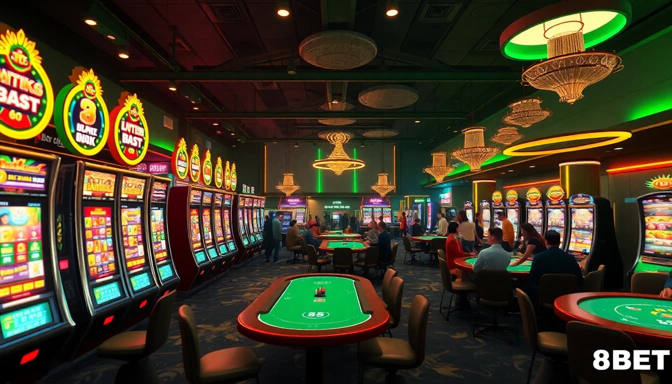 Enjoy the excitement of casino games with 8KBET featuring vibrant slot machines and engaging gaming tables.