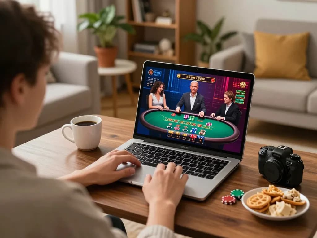 Engaging in live dealer blackjack at home while enjoying cozy atmosphere and snacks on https://w188.bid/ during online gaming session.