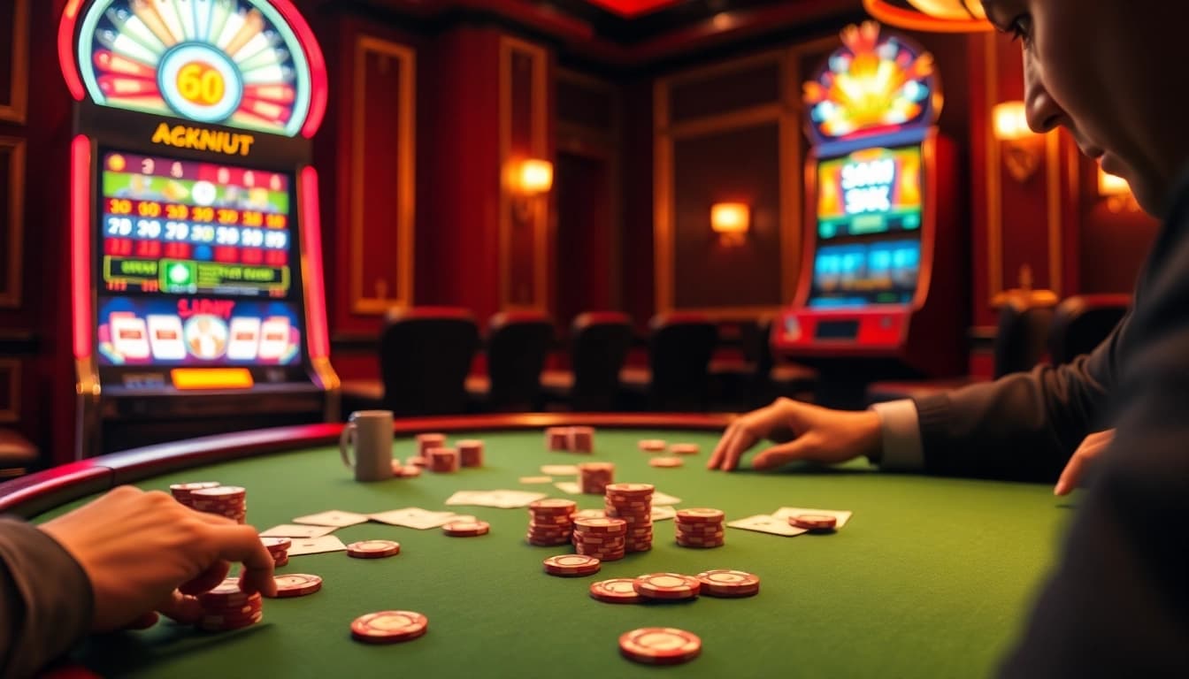 Nohu90 casino scene with vibrant slot machines and an inviting poker table