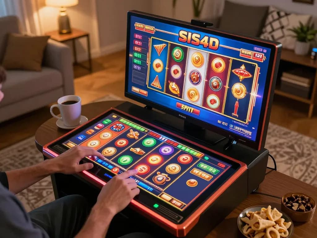 Players enjoy intense SIS4D online slots with vibrant interface and cozy home setting.