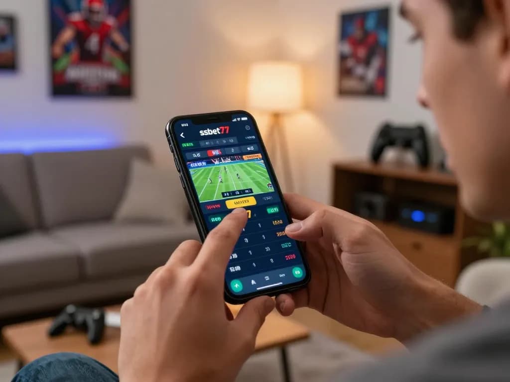 Player using their smartphone for ssbet77 sports betting in a cozy living room.