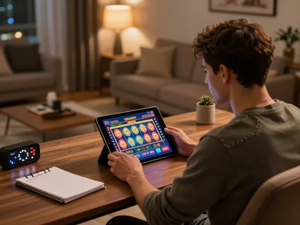 Player engaging with fabet online slots interface in a cozy home setup.