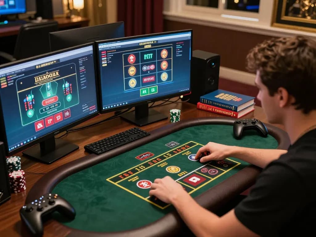 Engaged player strategizing on LGOGOAL online casino platform, intense gaming session with multiple screens.