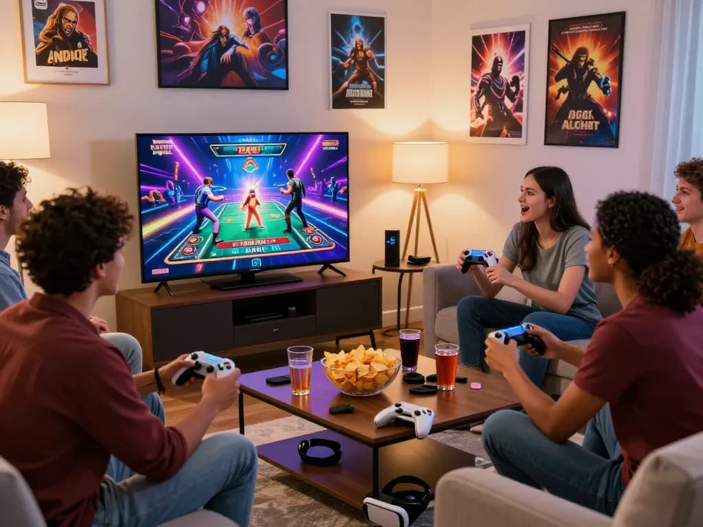 Exciting gaming scene showcasing friends enjoying casino games at https://79kingg.us/ in a vibrant living room.