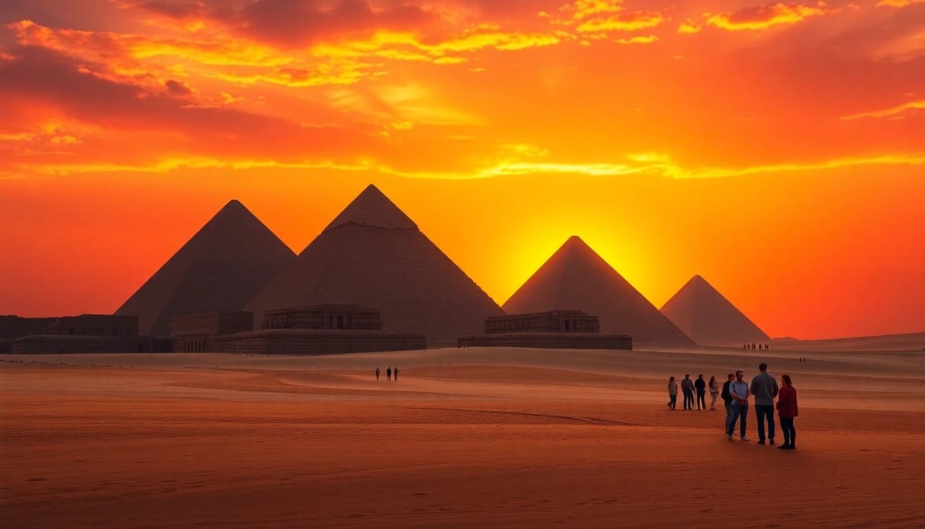 Visit https://piraminds.com/ to marvel at the majestic Great Pyramids of Giza during sunset.