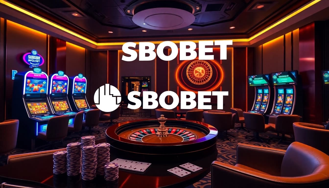 Experience sbobet login terbaru at a lively casino with poker chips, cards, and betting odds displayed.