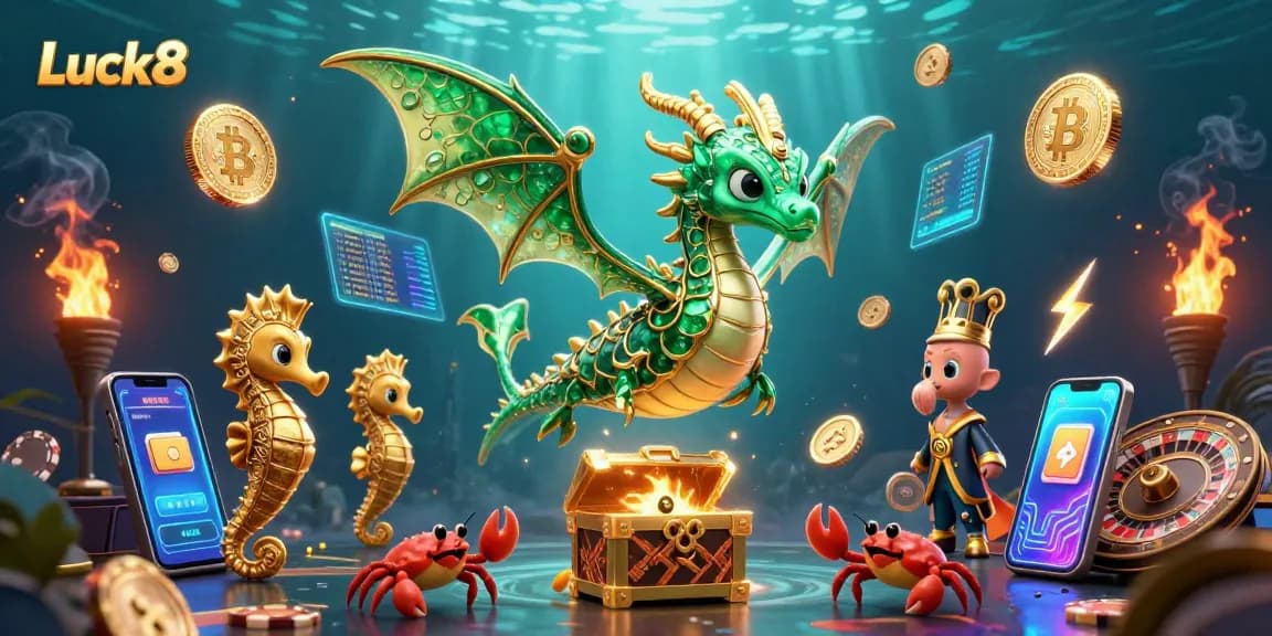 Engage with the Luck8 underwater adventure, featuring a sea dragon and treasure chest surrounded by cryptocurrency elements.