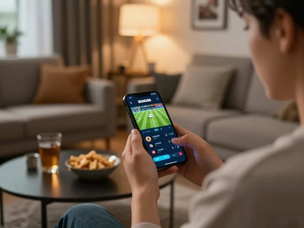 BONG88 user analyzing betting odds on their smartphone in a stylish living room.