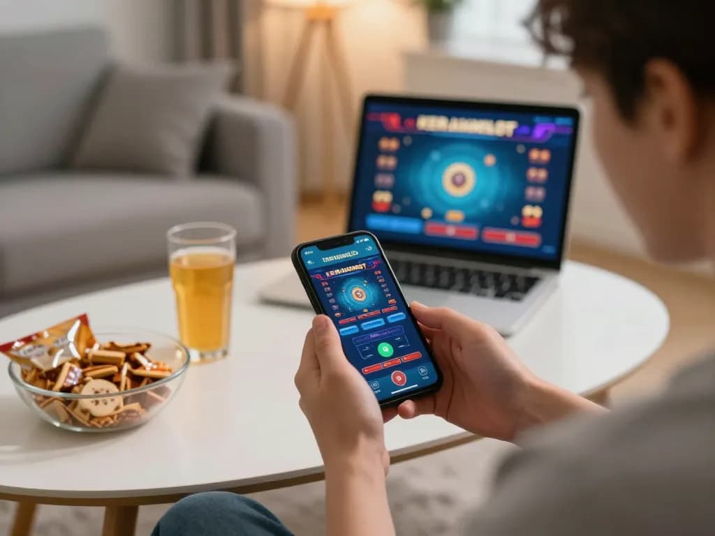 Engaging with kerajaanslot gaming app on smartphone during a cozy online gambling session at home