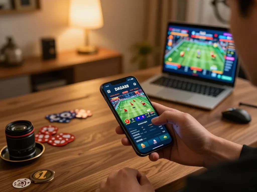 https://daga88.free/ showcasing a user engaging with the DAGA88 mobile app for live gà betting in a stylish home environment.