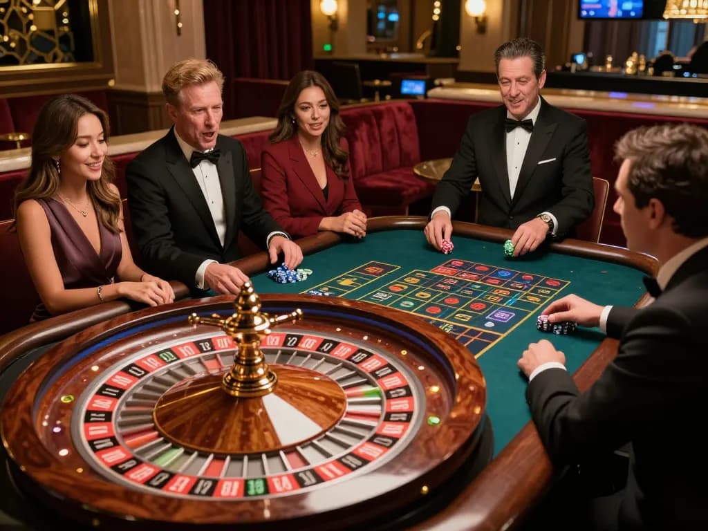 Players eagerly placing bets on jangkar55's roulette game in an upscale casino setting.