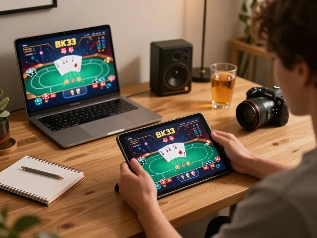 Engaging with the BK33 casino app on a tablet at home, showcasing online poker gameplay.