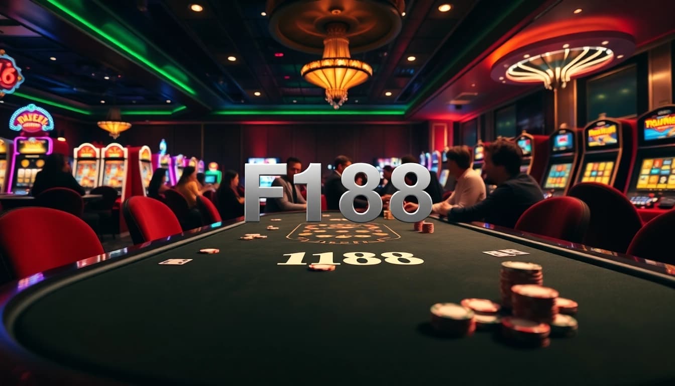 Experience lively gameplay at F168 casino with poker tables, slot machines, and excited players.