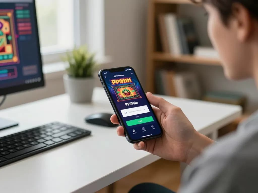 Player logging into PP9Win on smartphone in a cozy home setup with vibrant gaming visuals
