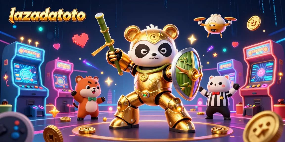 Play the thrilling game lazadatoto with a golden panda character amidst vibrant casino elements.