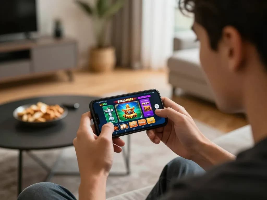 Player engaging with the BERLIAN889 app for exciting online slot play, showcasing casino graphics.