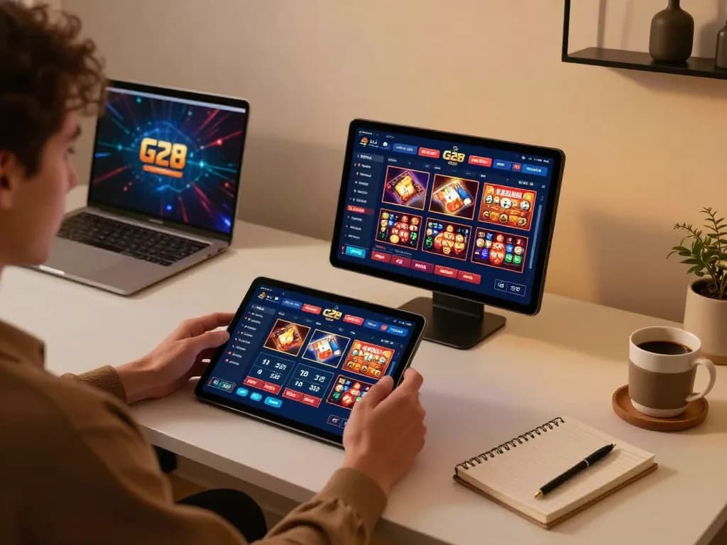 Player exploring G28 casino interface on a tablet, engaged in online gaming strategy
