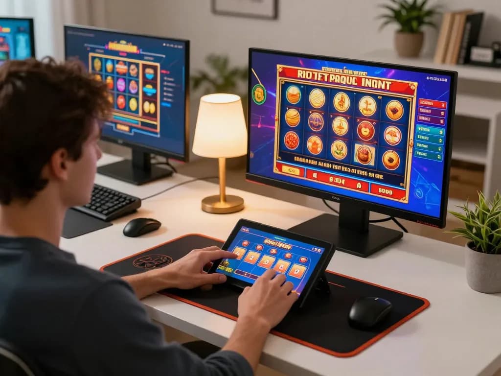 Bermain permainan Bandar Togel Slot di tablet di rumah, menunjukkan lingkungan permainan yang bertanggung jawab.
