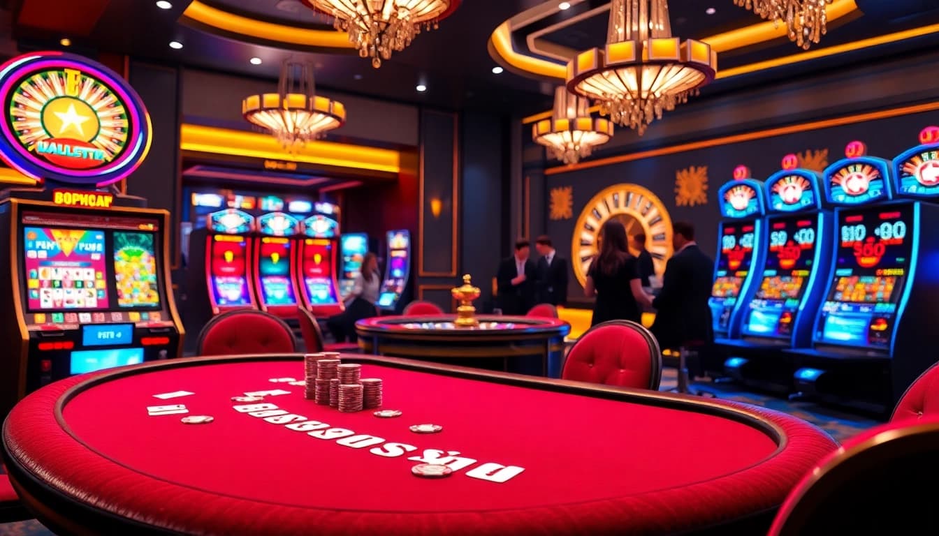 Players enjoying high-stakes action at jagoan86 casino, surrounded by colorful slot machines and elegant poker tables.