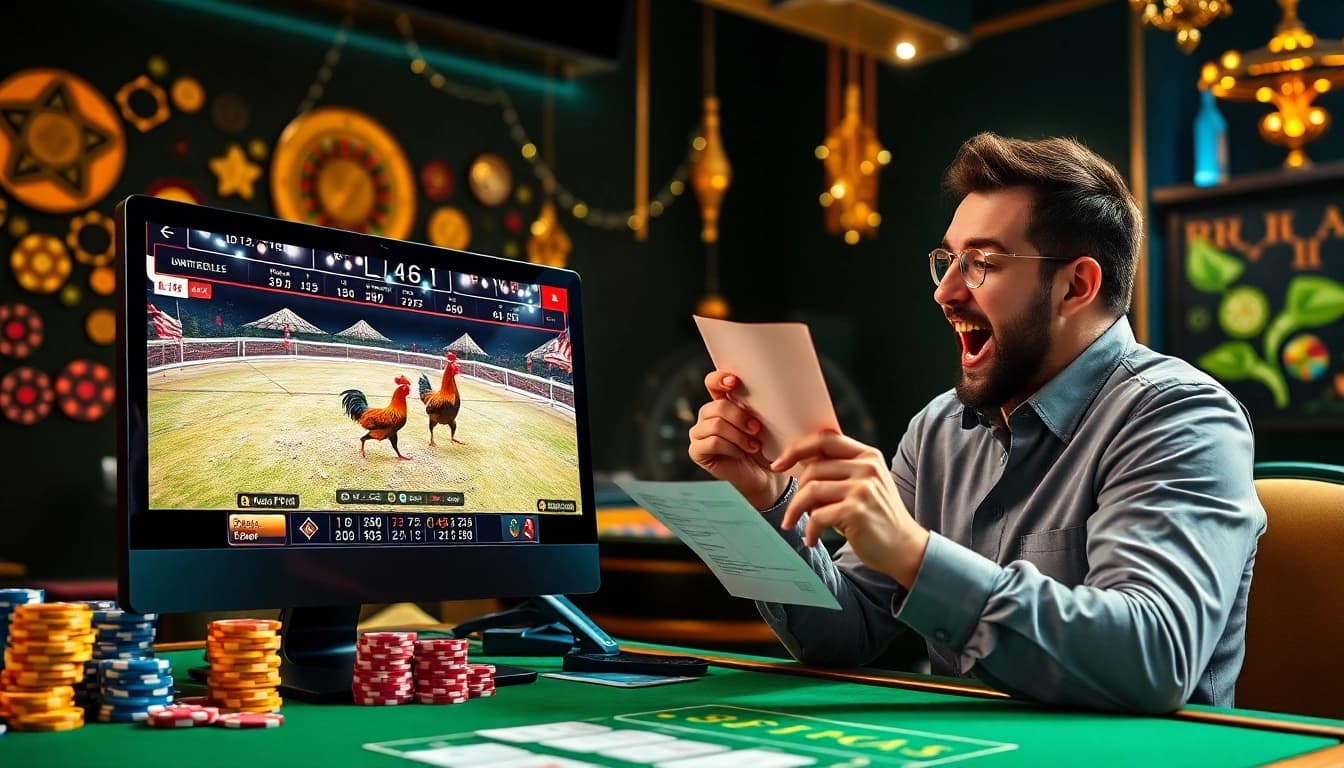 Xem đá gà trực tiếp in a vibrant online gambling environment showcasing cockfighting action.