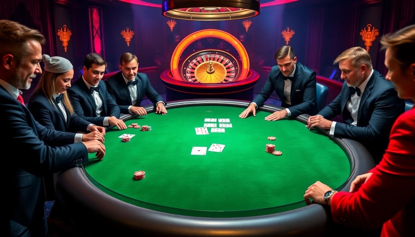 SV 368 luxury gaming experience at a poker table with vibrant atmosphere and players in action.