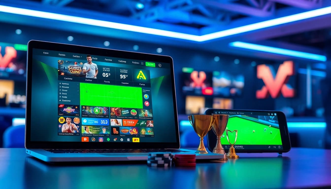 Engaging view of Nhà cái AE888's modern gaming platform on laptop and mobile, showcasing diverse betting options.