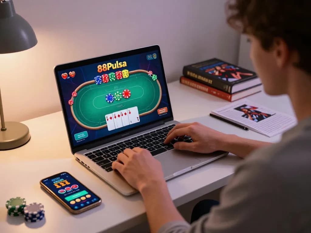 Permainan menarik di antarmuka poker 88Pulsa, menampilkan seorang pemain yang terlibat dalam sesi permainan online strategis.