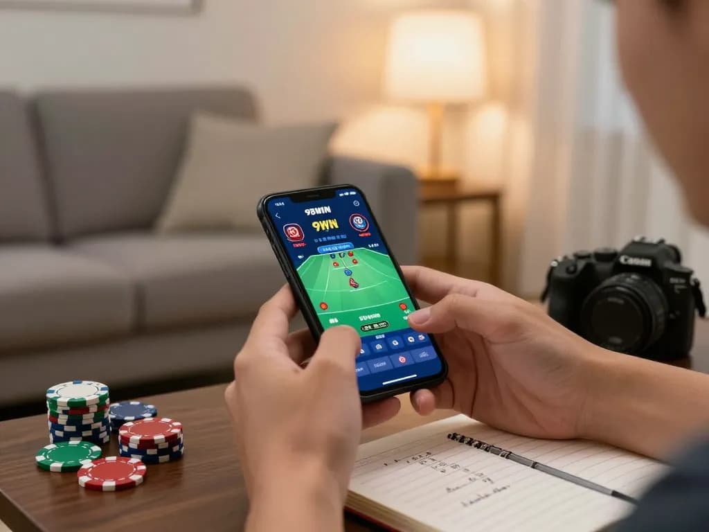 Player accessing 98WIN app on smartphone, focused on sports betting activity in modern living room.