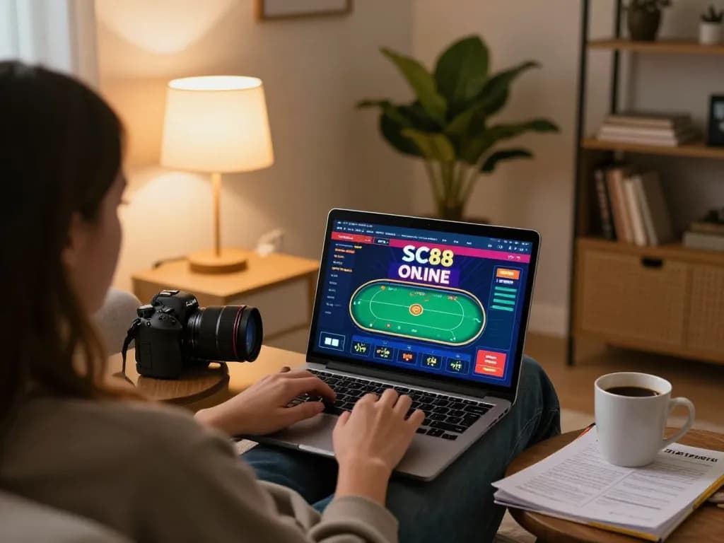 Engaging online poker game interface showing SC88 gameplay on a cozy home couch.