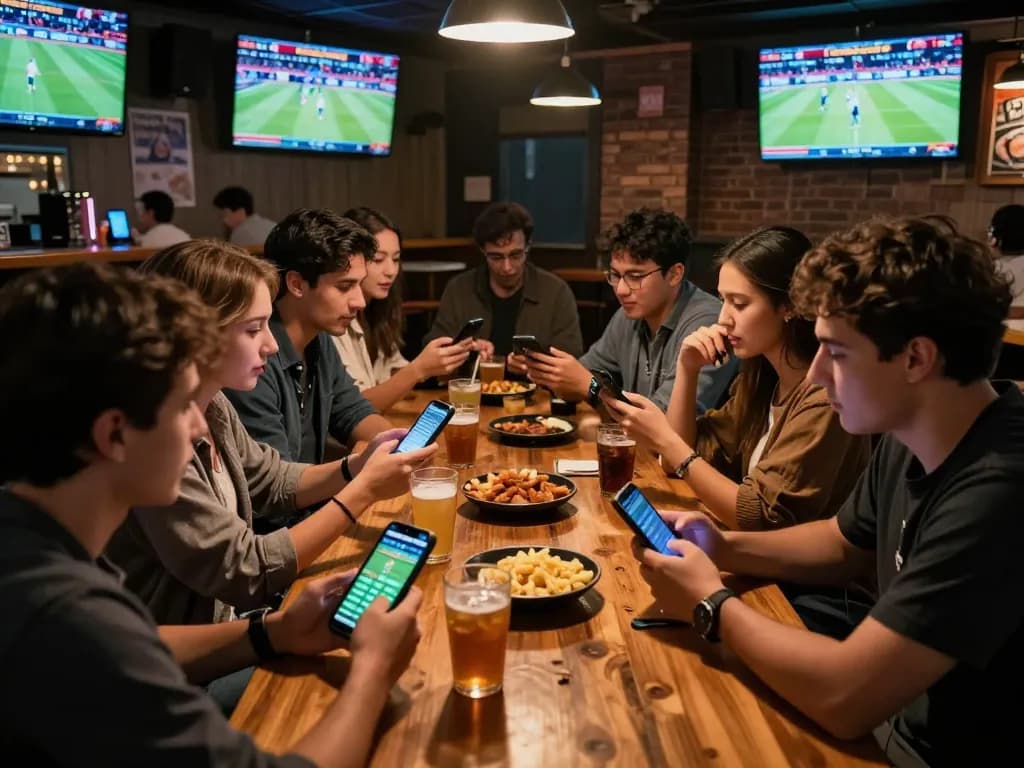 Friends excitedly checking tỷ lệ kèo nhà cái at a sports bar while watching live games.