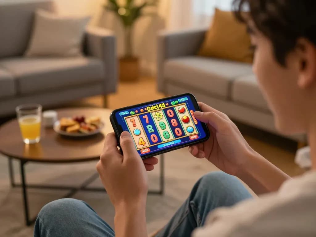 Engaging mobile gaming moment on ondel4d slot app, showcasing vibrant reels and a player's excitement.