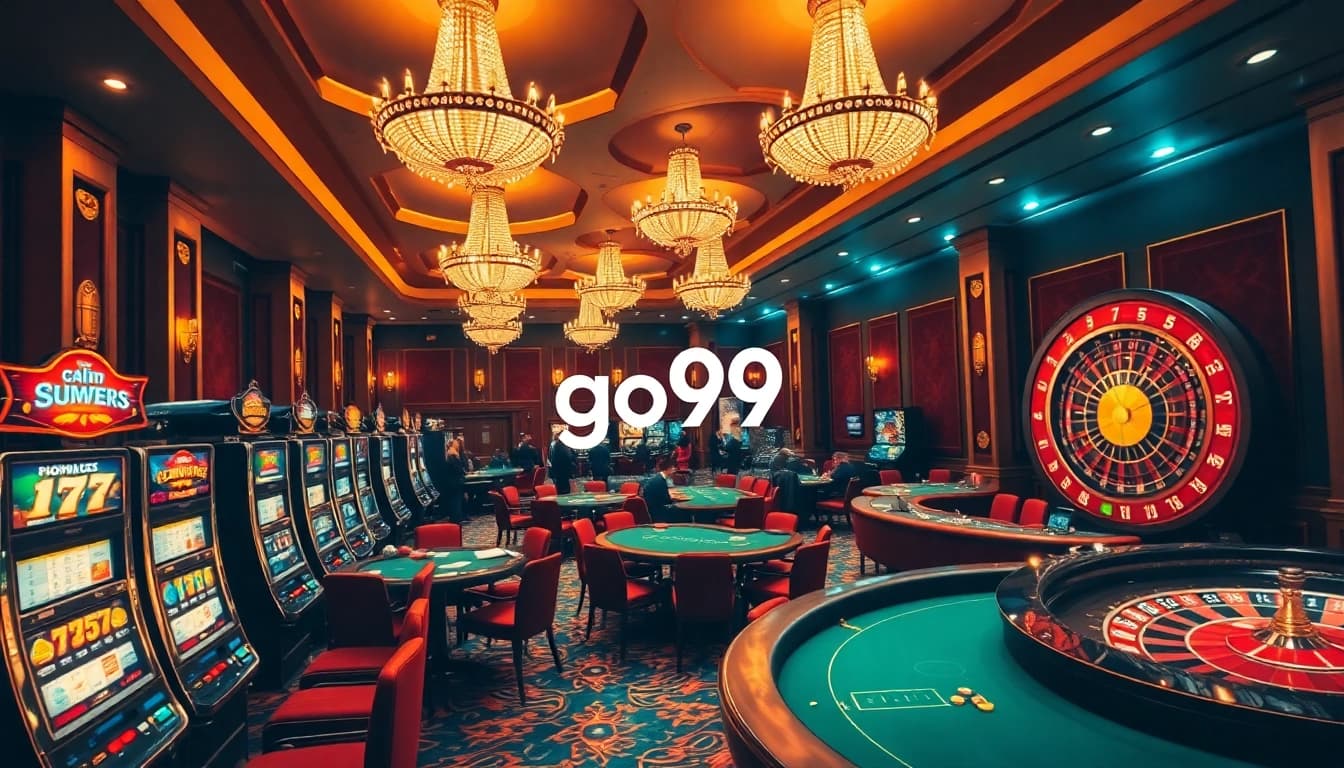 Experience the excitement at go99's vibrant casino, featuring colorful slot machines and elegant poker tables.