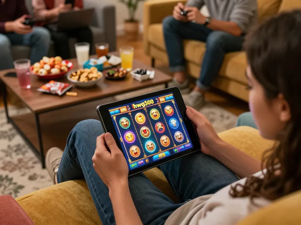 Pemain menikmati permainan yang menarik pada permainan slot hwg500 di rumah dengan tampilan tablet yang cerah.
