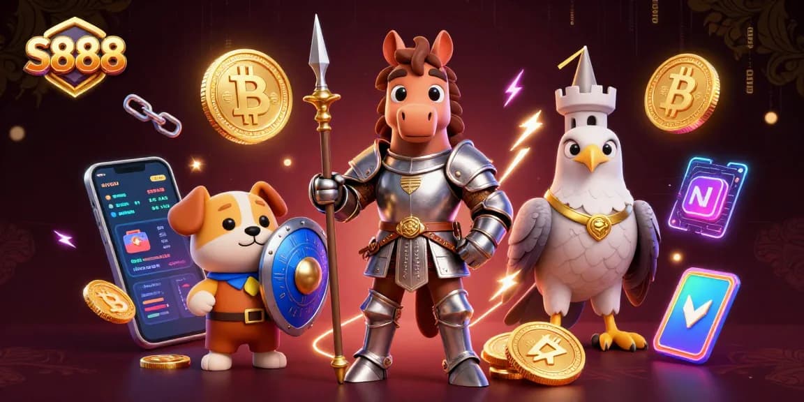 S888 features a knight and puppy among vibrant crypto elements in an immersive casino scene.