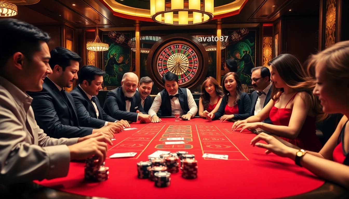 Sao789 players enjoying a thrilling baccarat game in a luxurious casino setting.