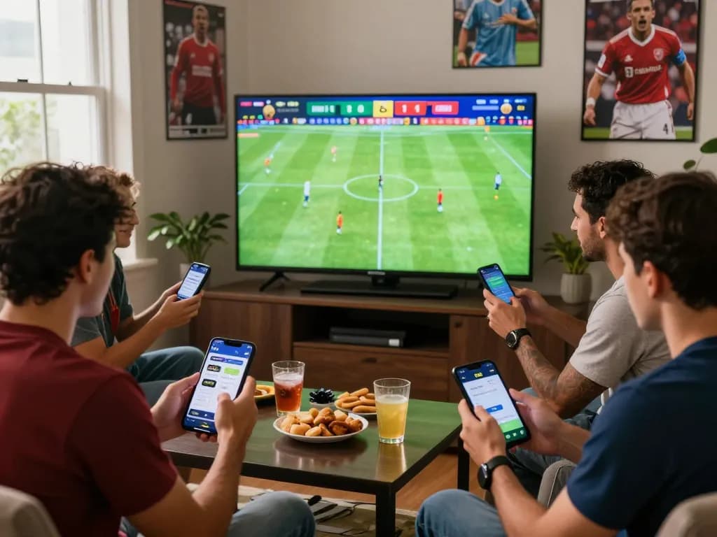 Engaged friends watching football while accessing 78win platform for betting, enhancing online gaming excitement.