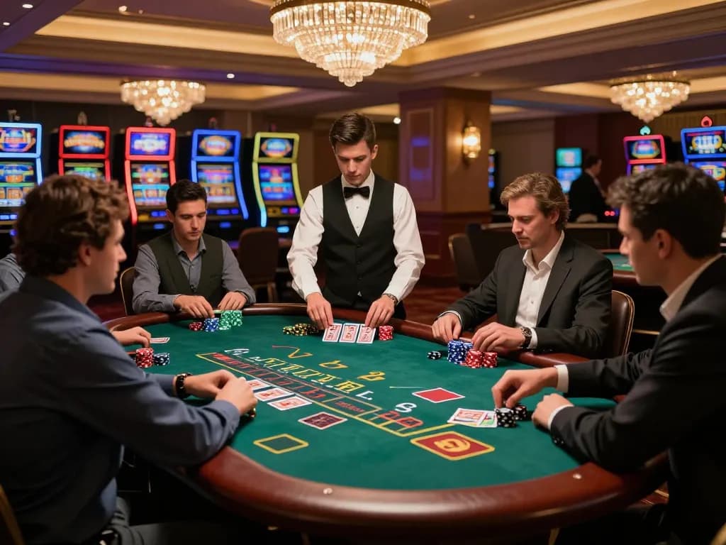 lv88 blackjack players assessing hands and strategies in vibrant casino atmosphere