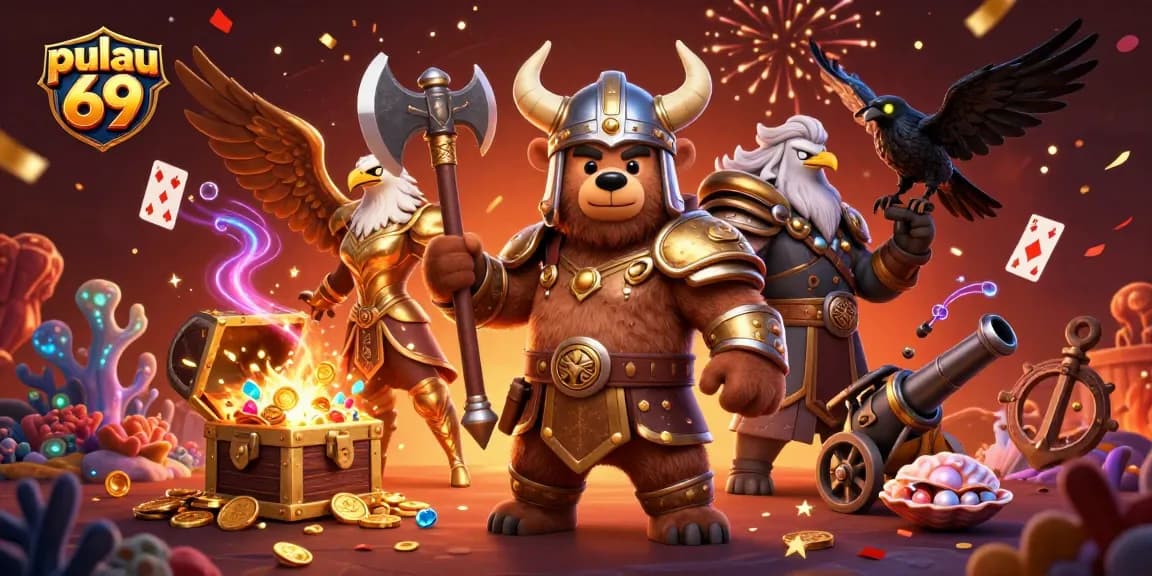 Experience the thrill of pulau 69 with a dynamic 3D scene of Viking warriors, treasures, and festive casino elements.