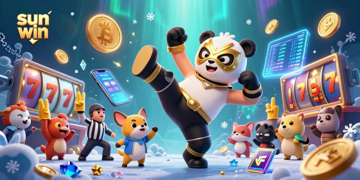 Experience the excitement of sun win with a panda wrestler in action amidst crypto elements in this dynamic illustration.
